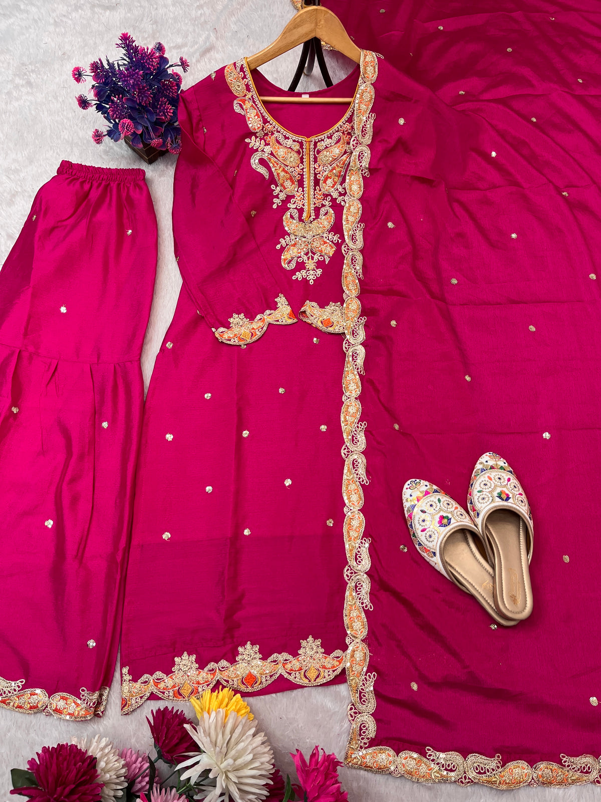 Embroidered Sharara Set for Women with Dupatta | Chinon Silk 3 Piece Outfit