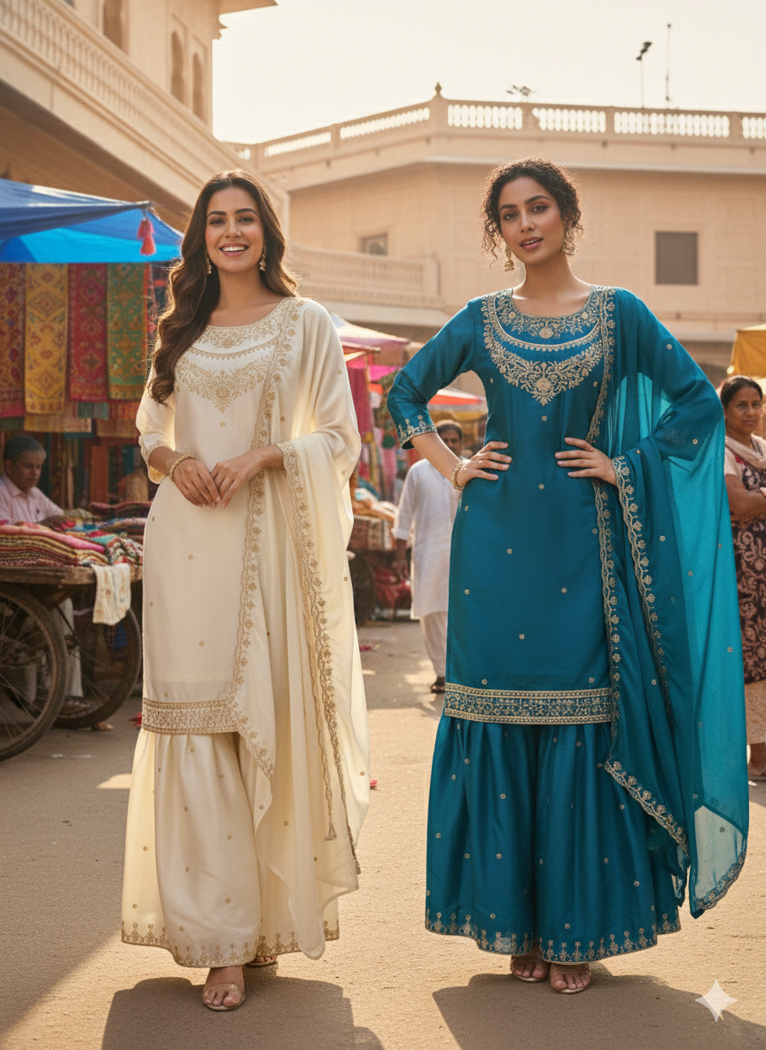 Embroidered Sharara Set for Women with Dupatta | Heavy Sequin Work Festive Outfit