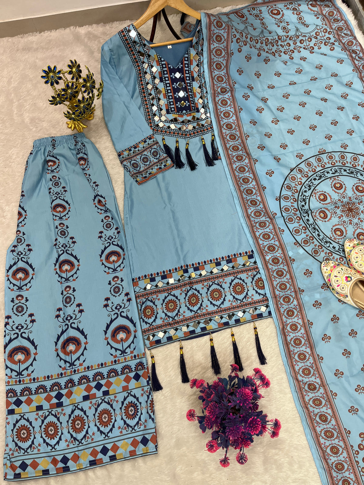 Printed Palazzo Set for Women with Dupatta | Mirror Work 3 Piece Outfit