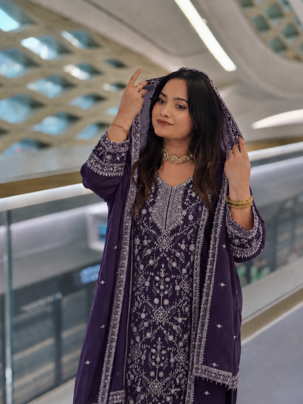 Purple Embroidered Palazzo Set for Women with Dupatta