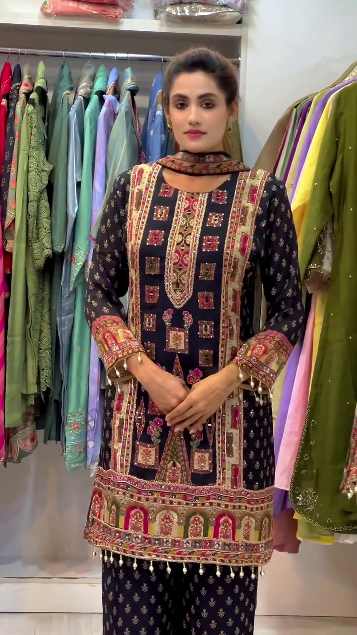 Printed Top and Palazzo Set with Dupatta | Pure Chinon Silk 3 Piece Outfit