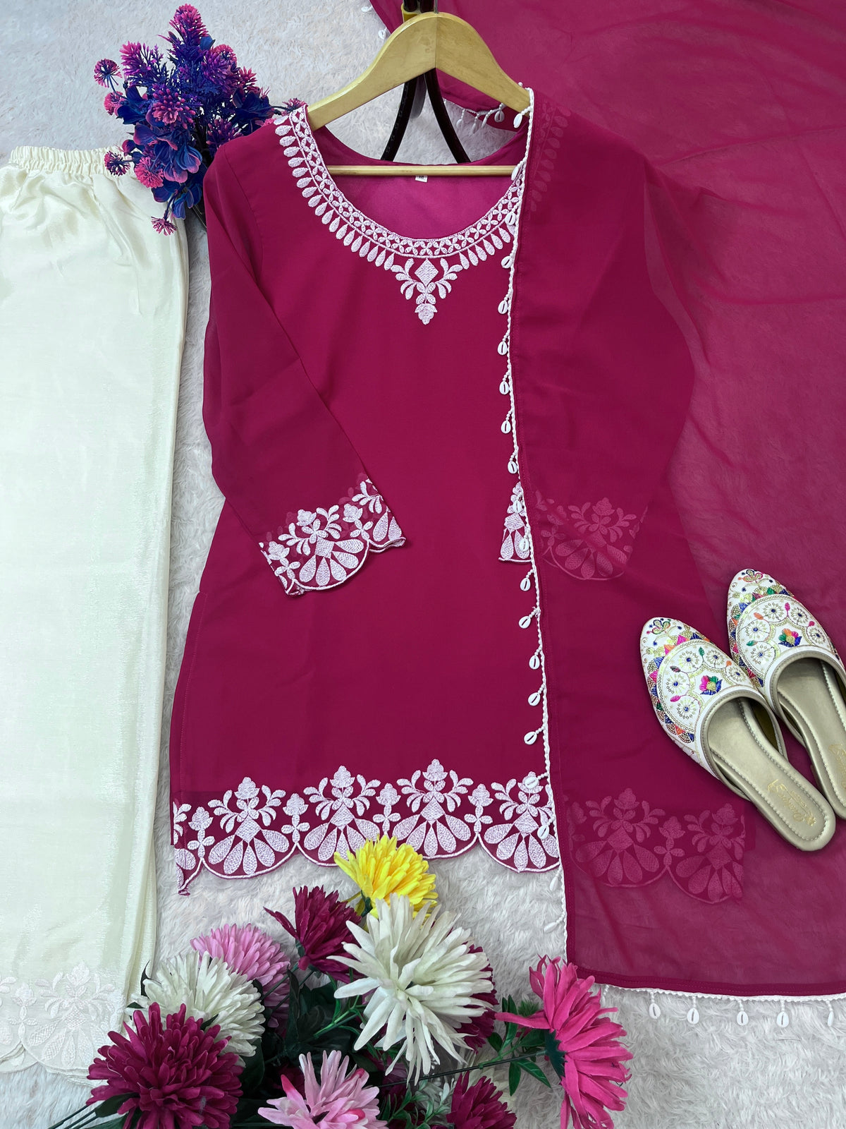 Embroidered Palazzo Set for Women with Dupatta | Pure Chinon Silk 3 Piece Outfit