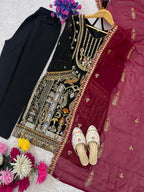 Black Embroidered Top Pant Set with Dupatta for Women