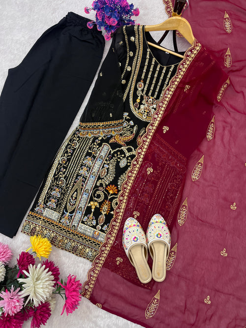 Black Embroidered Top Pant Set with Dupatta for Women