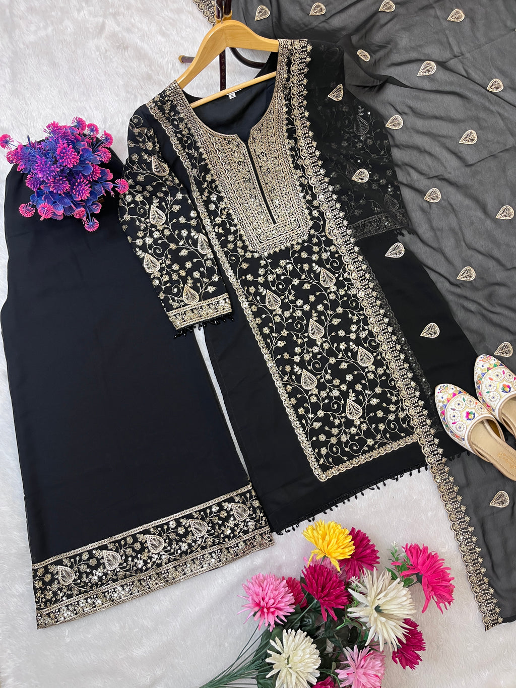 Black Embroidered Palazzo Suit Set for Women with Dupatta