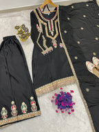 Embroidered Palazzo Set for Women with Dupatta | 3 Piece Pure Chinon Silk Festive Outfit