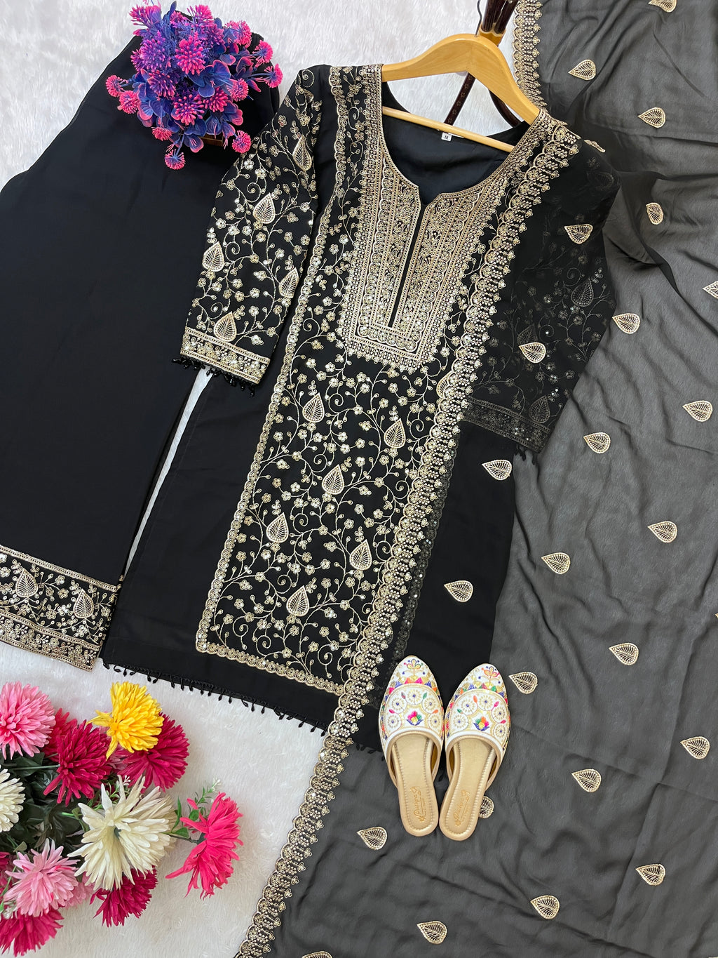 Black Embroidered Palazzo Suit Set for Women with Dupatta