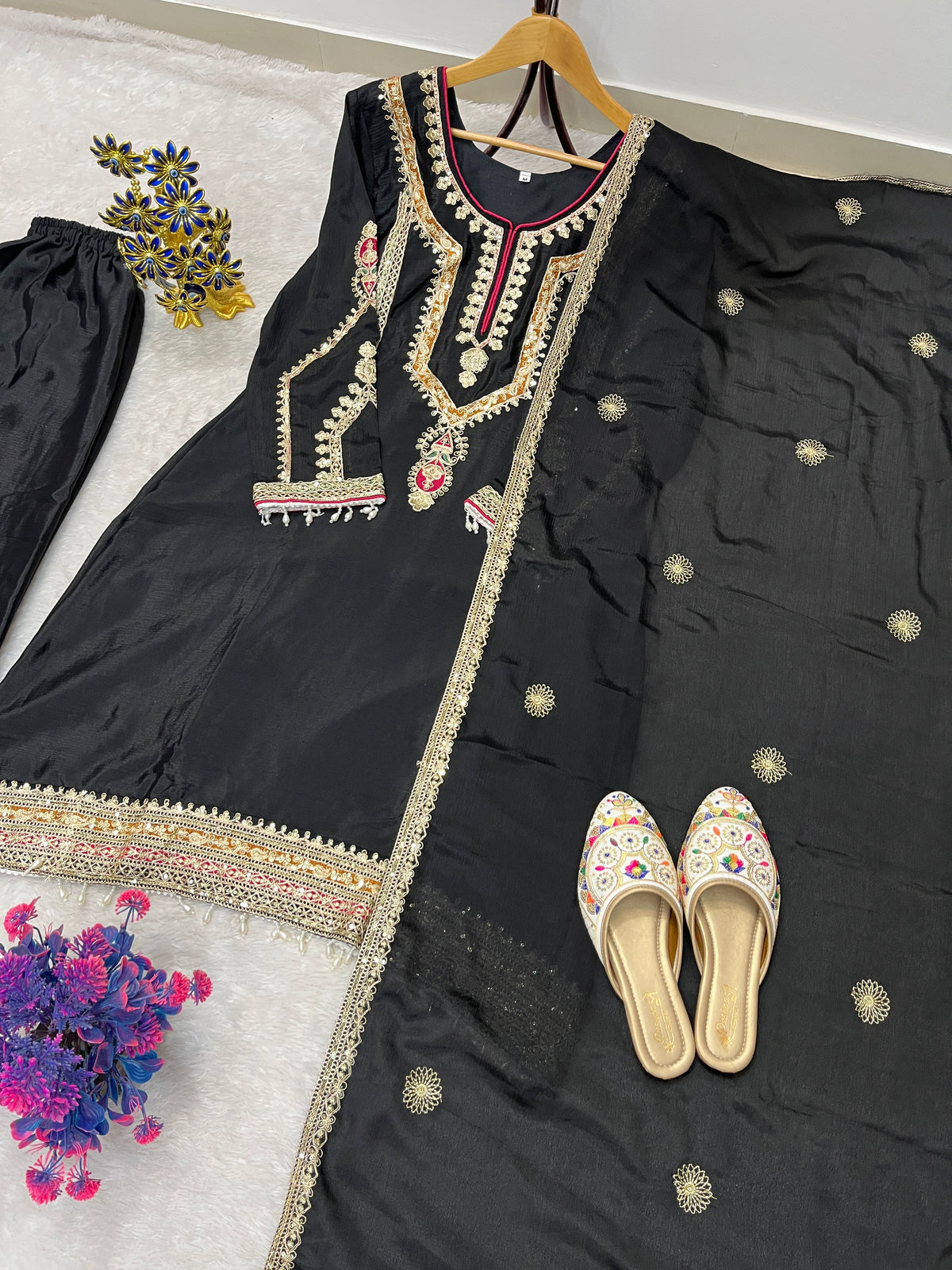 Embroidered Palazzo Set for Women with Dupatta | 3 Piece Pure Chinon Silk Festive Outfit