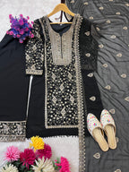 Black Embroidered Palazzo Suit Set for Women with Dupatta