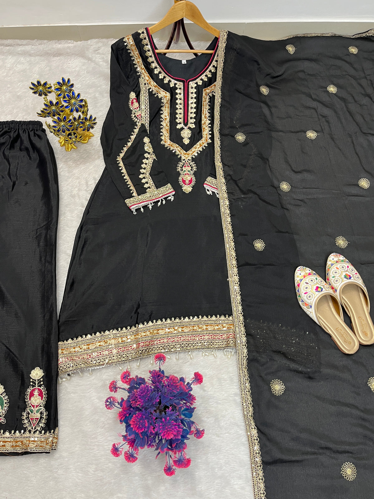 Embroidered Palazzo Set for Women with Dupatta | 3 Piece Pure Chinon Silk Festive Outfit
