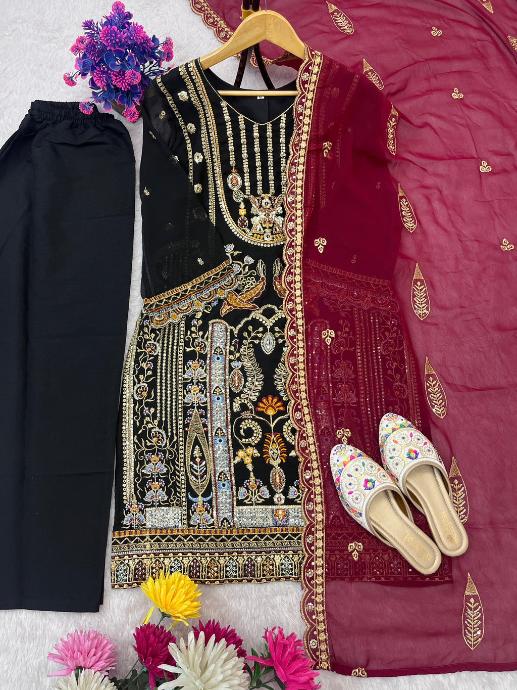 Black Embroidered Top Pant Set with Dupatta for Women