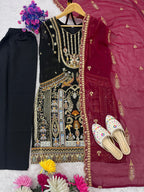 Black Embroidered Top Pant Set with Dupatta for Women