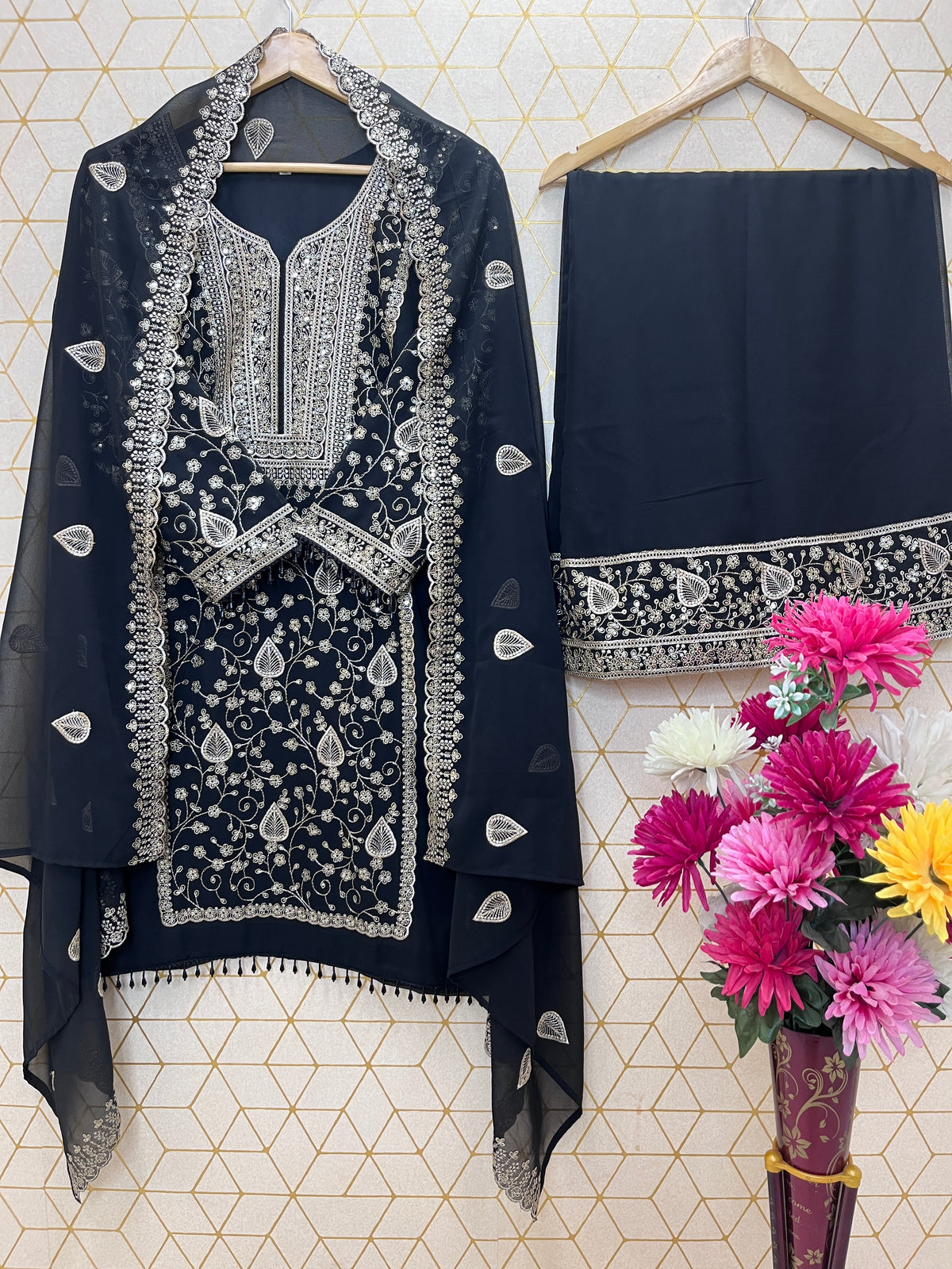 Black Embroidered Palazzo Suit Set for Women with Dupatta