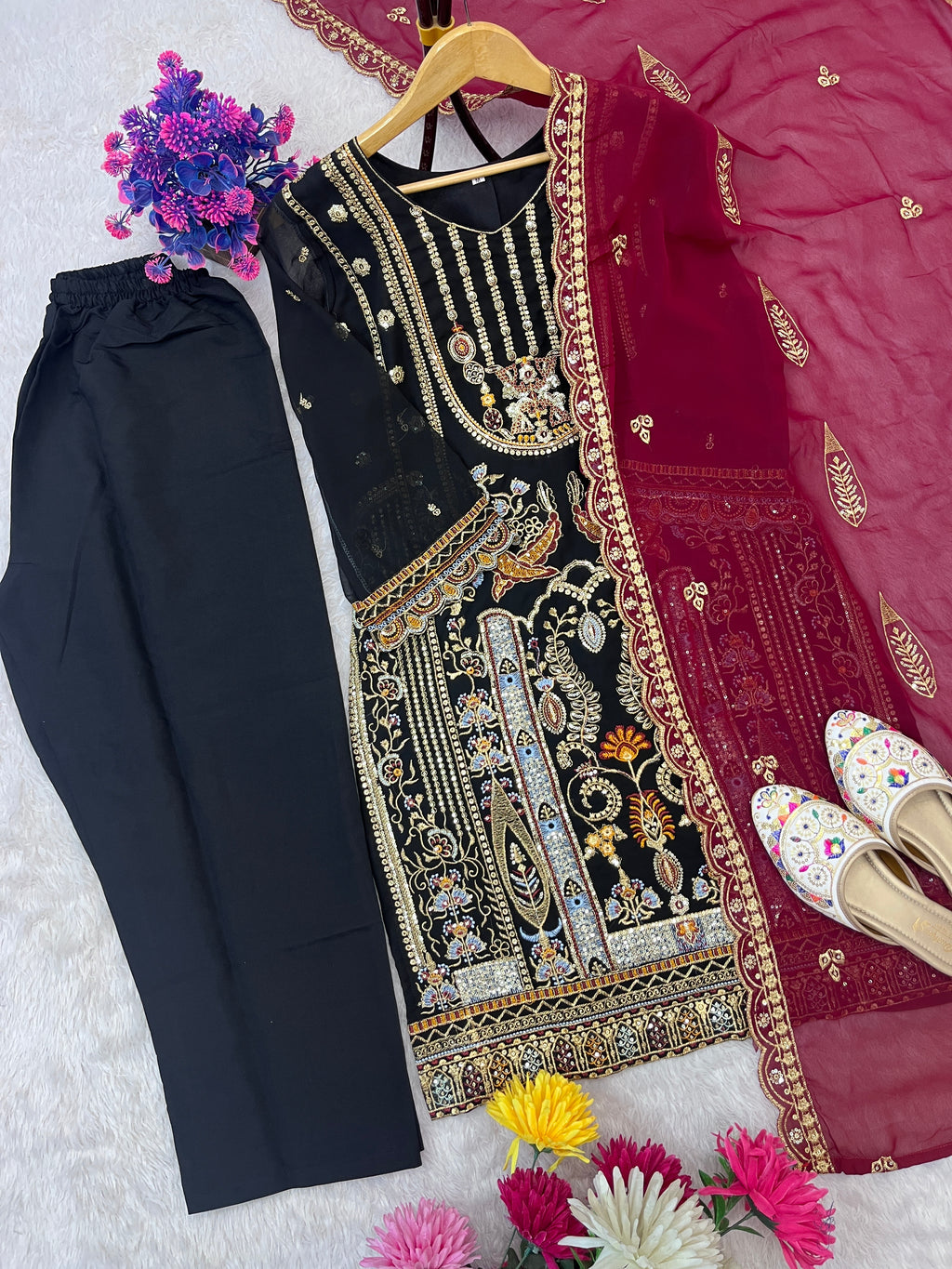 Black Embroidered Top Pant Set with Dupatta for Women