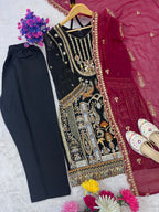 Black Embroidered Top Pant Set with Dupatta for Women