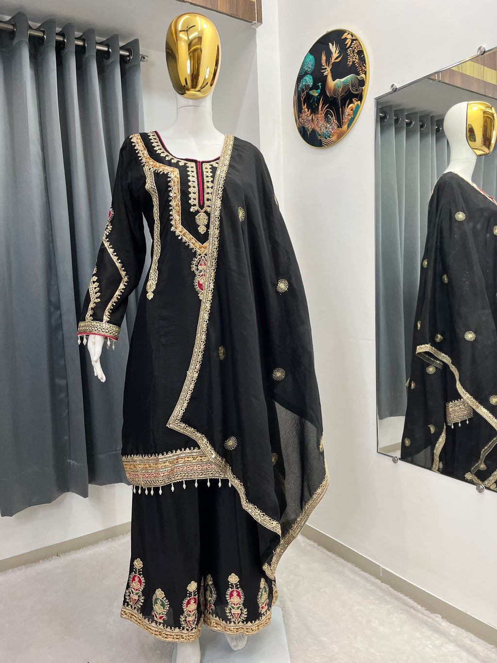 Embroidered Palazzo Set for Women with Dupatta | 3 Piece Pure Chinon Silk Festive Outfit