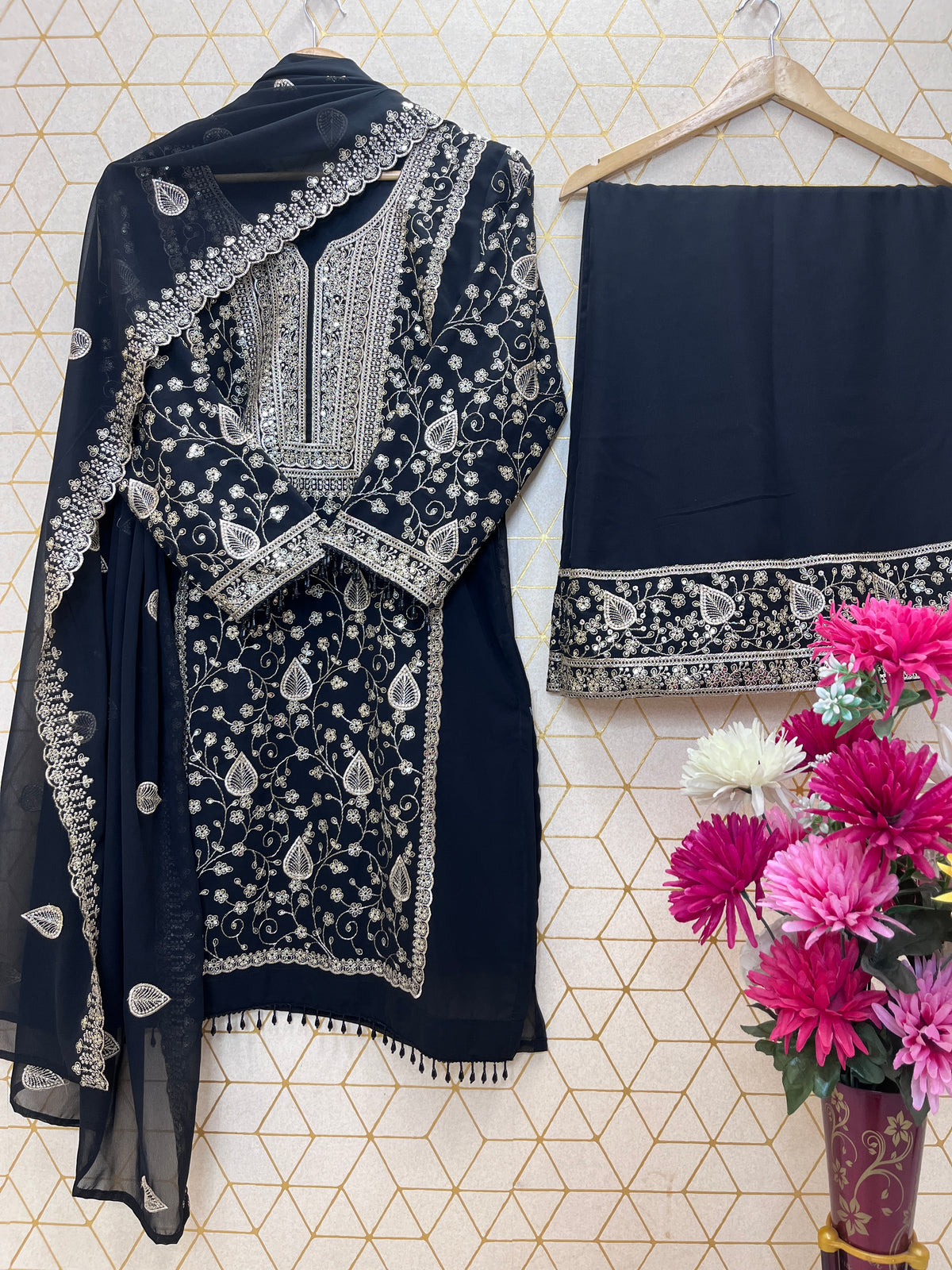 Black Embroidered Palazzo Suit Set for Women with Dupatta