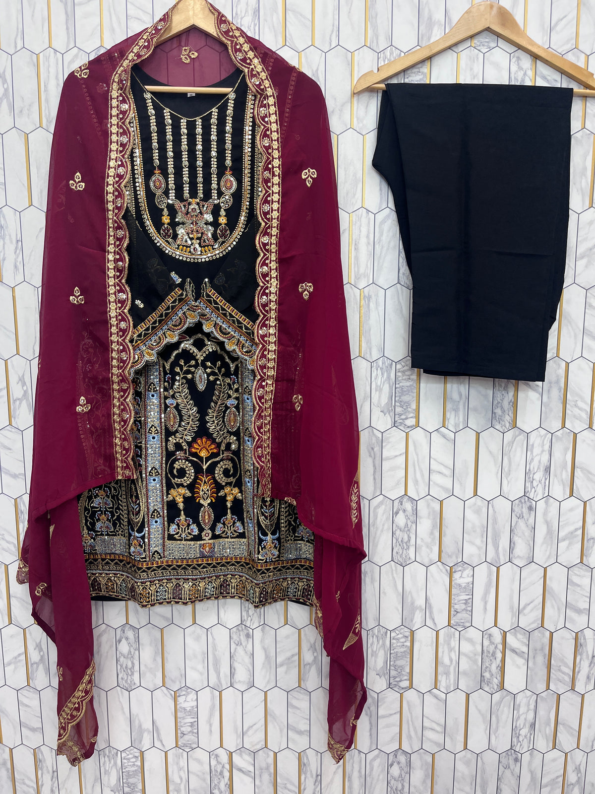 Black Embroidered Top Pant Set with Dupatta for Women