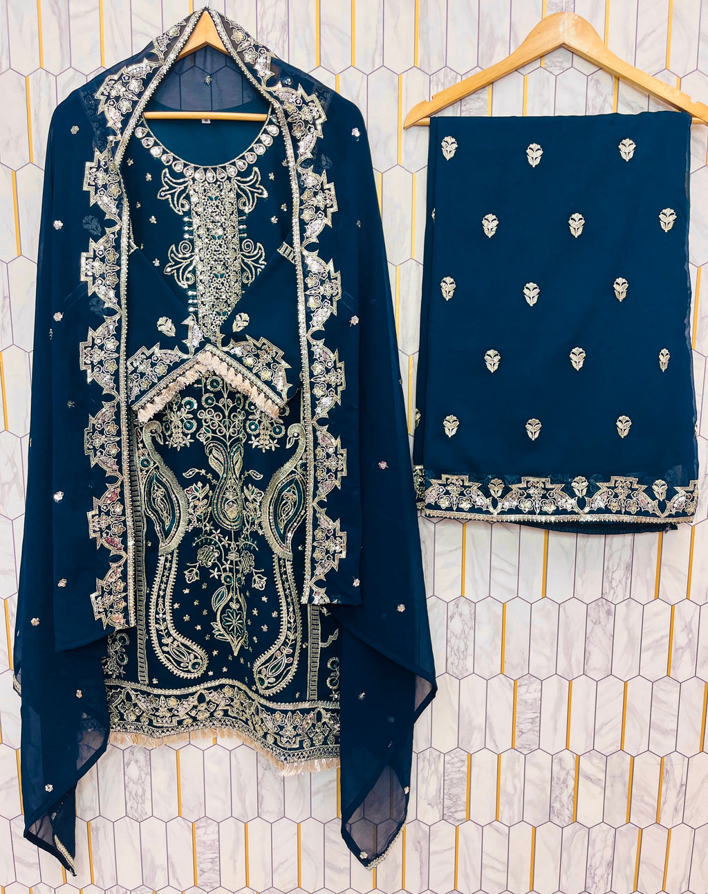 Teal Blue Embroidered Palazzo Set for Women with Dupatta