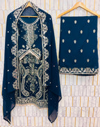 Teal Blue Embroidered Palazzo Set for Women with Dupatta
