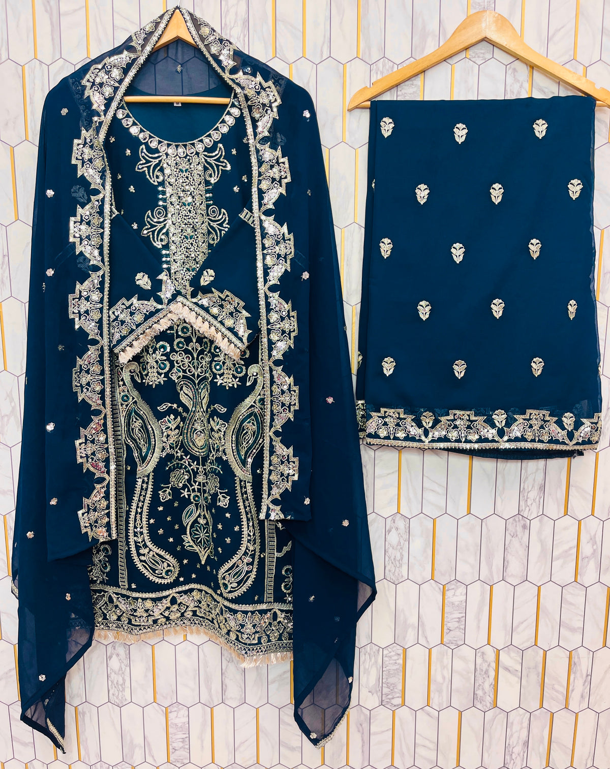 Teal Blue Embroidered Palazzo Set for Women with Dupatta