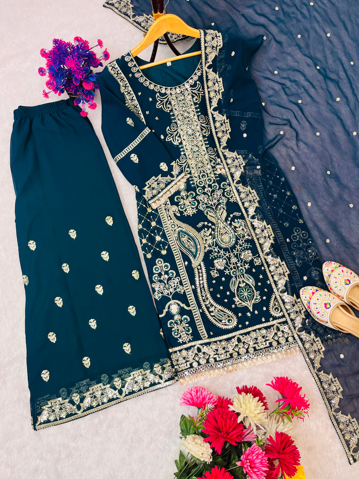 Teal Blue Embroidered Palazzo Set for Women with Dupatta