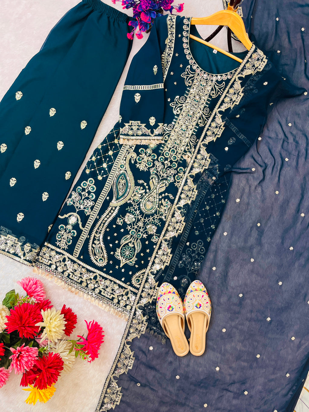 Teal Blue Embroidered Palazzo Set for Women with Dupatta