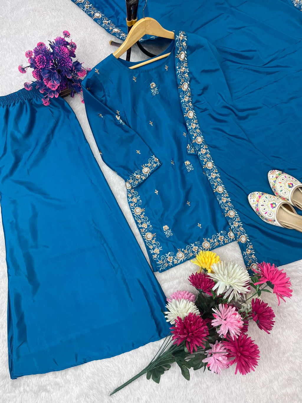 Embroidered Palazzo Set for Women with Dupatta | 3 Piece Heavy Crepe Festive Outfit