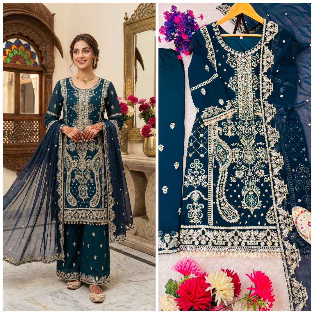 Teal Blue Embroidered Palazzo Set for Women with Dupatta