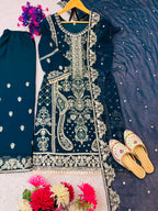 Teal Blue Embroidered Palazzo Set for Women with Dupatta