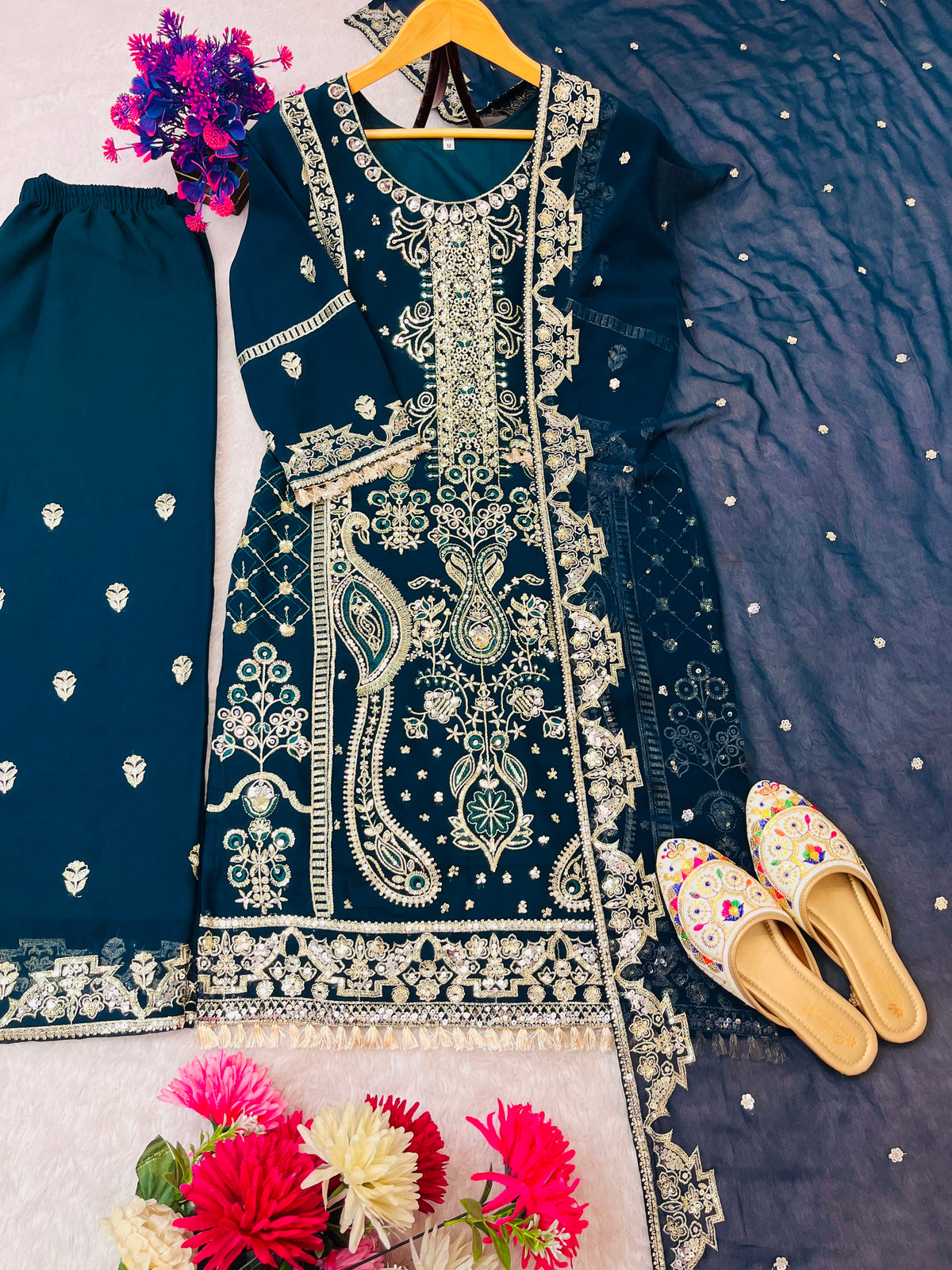 Teal Blue Embroidered Palazzo Set for Women with Dupatta