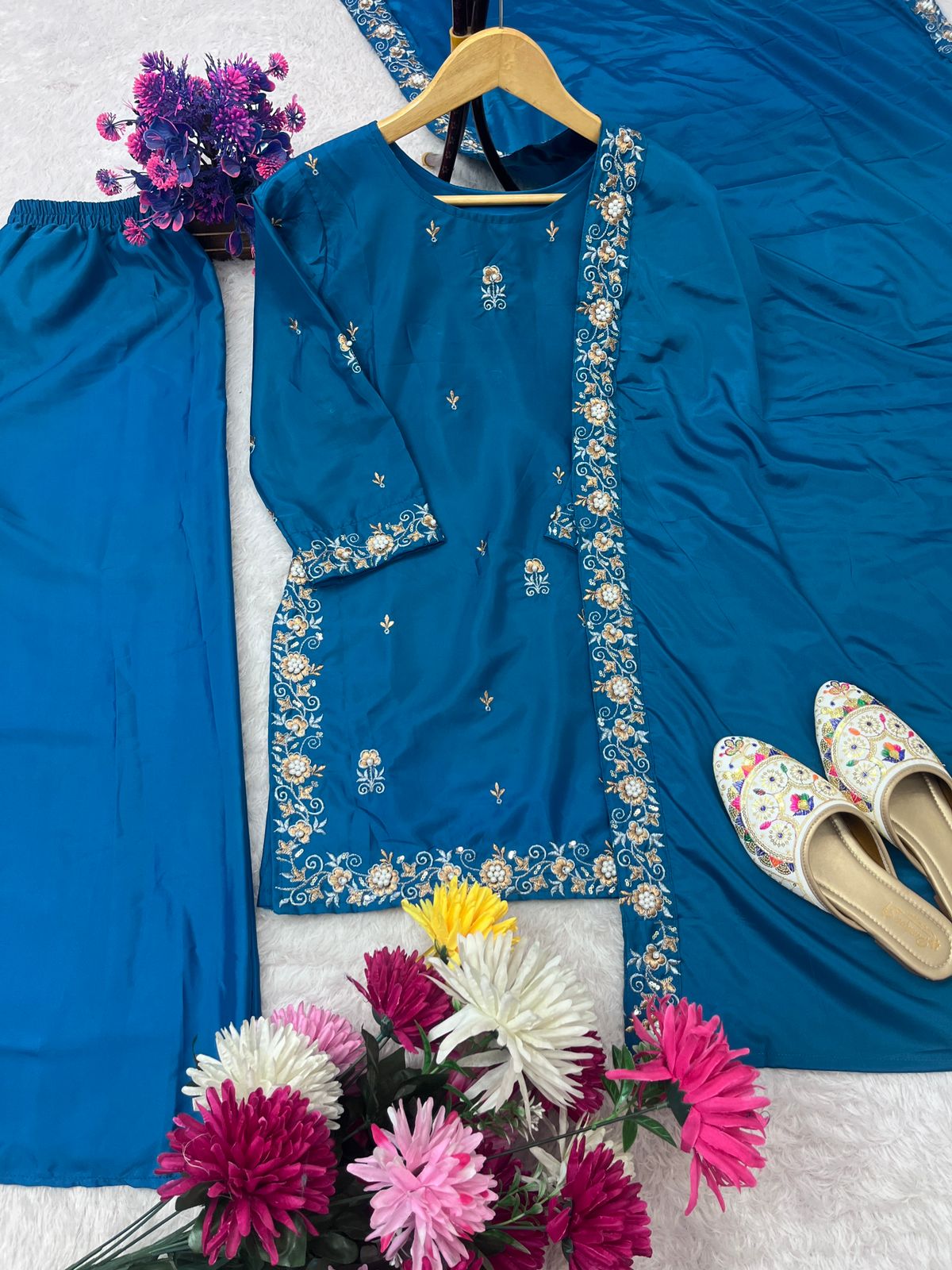 Embroidered Palazzo Set for Women with Dupatta | 3 Piece Heavy Crepe Festive Outfit