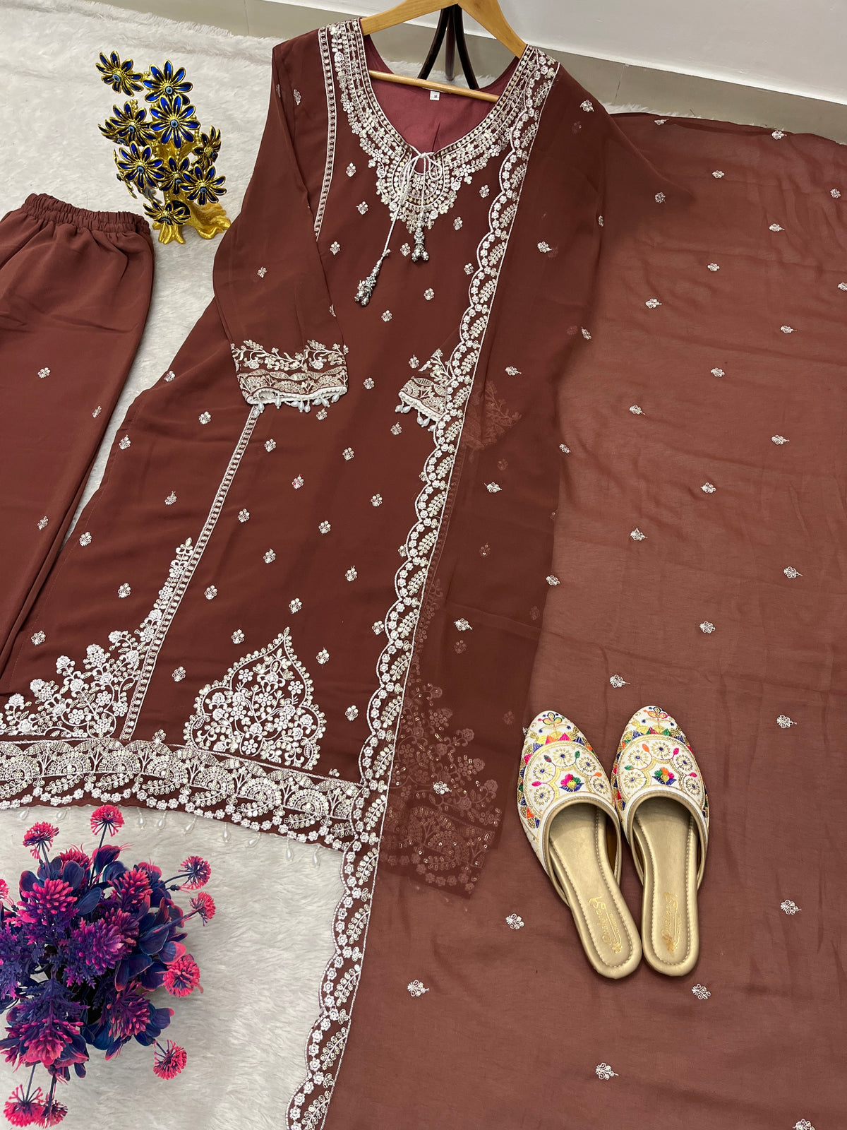 Designer Embroidered Palazzo Set for Women with Dupatta | Fox Georgette 3 Piece Set