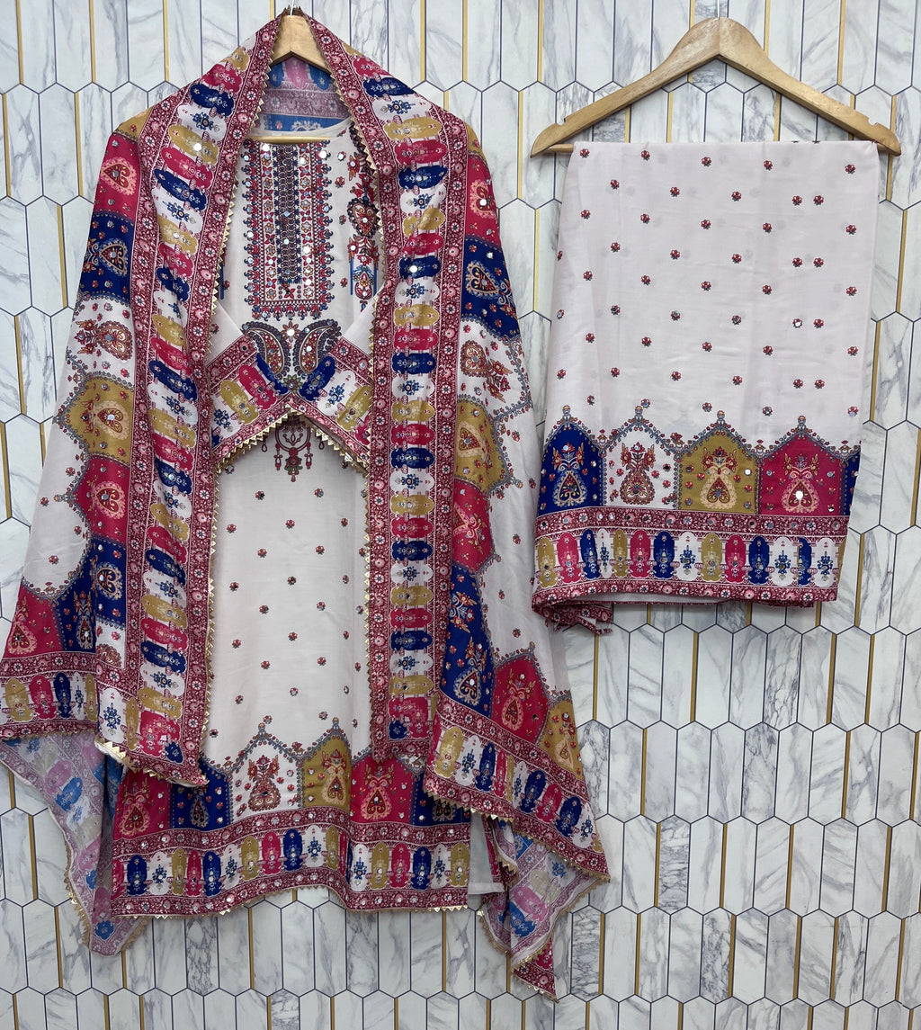 Printed Mirror Work Top and Palazzo Set with Dupatta