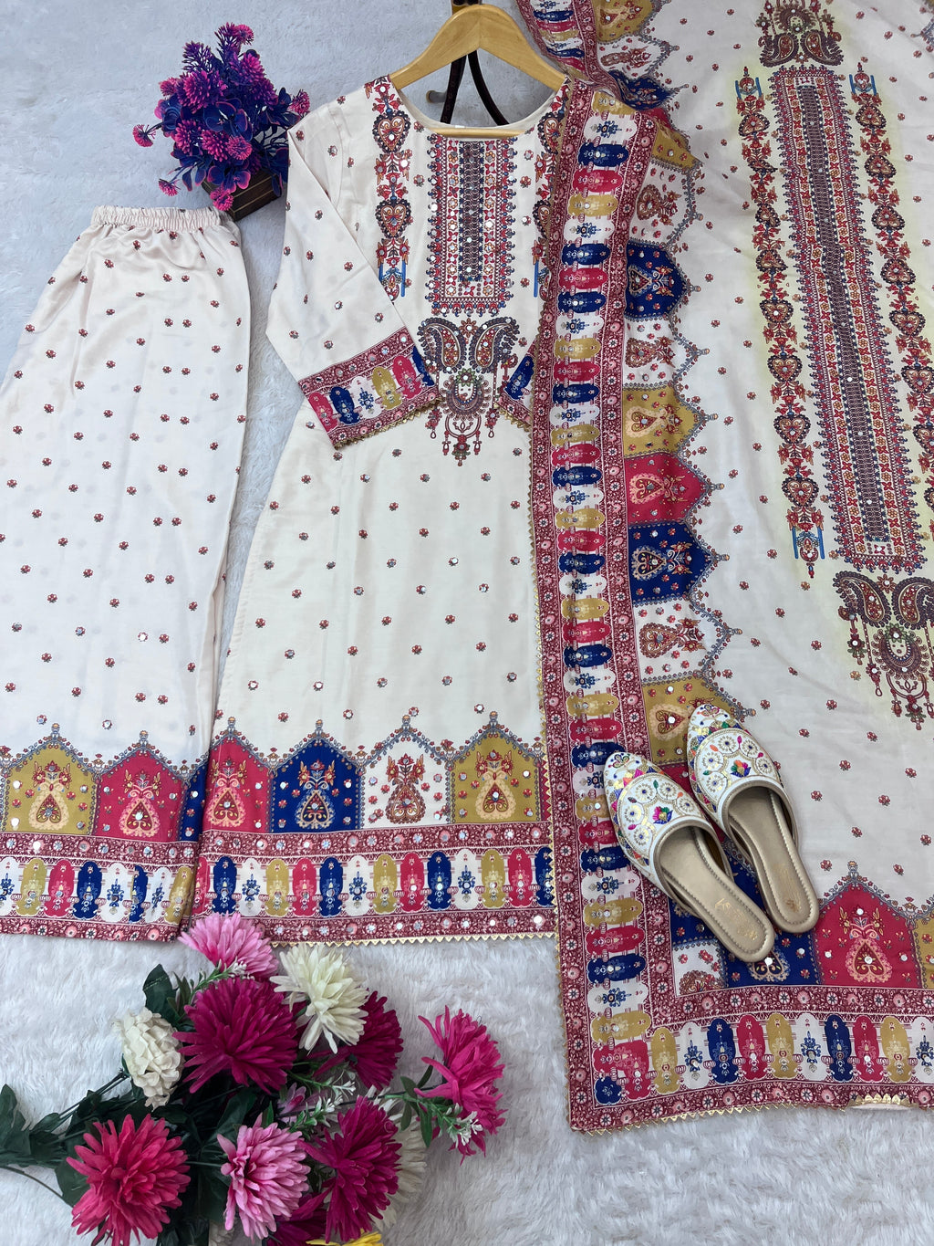 Printed Mirror Work Top and Palazzo Set with Dupatta