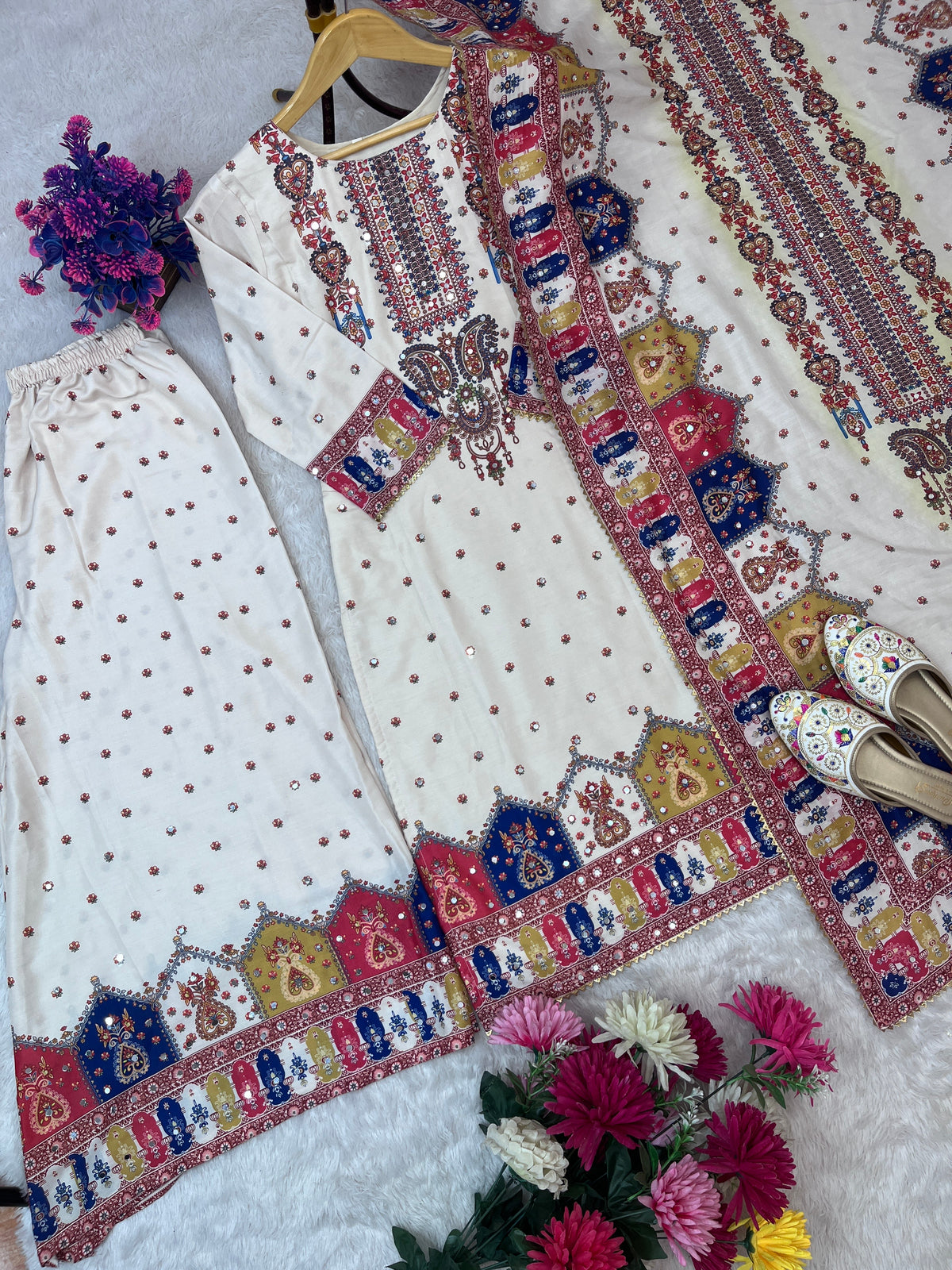 Printed Mirror Work Top and Palazzo Set with Dupatta