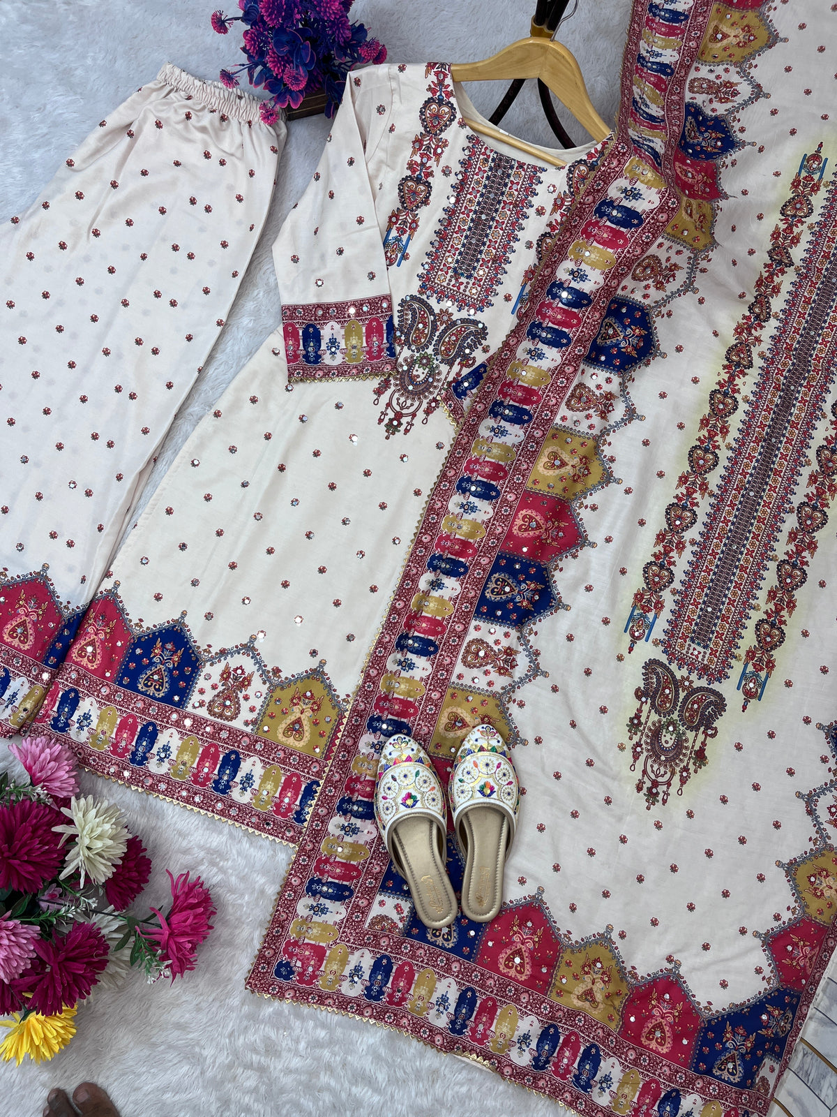 Printed Mirror Work Top and Palazzo Set with Dupatta