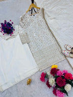 White Embroidered Silk Palazzo Suit Set for Women with Dupatta