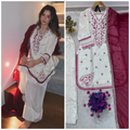 Ivory Embroidered Suit Set for Women with Wine Dupatta