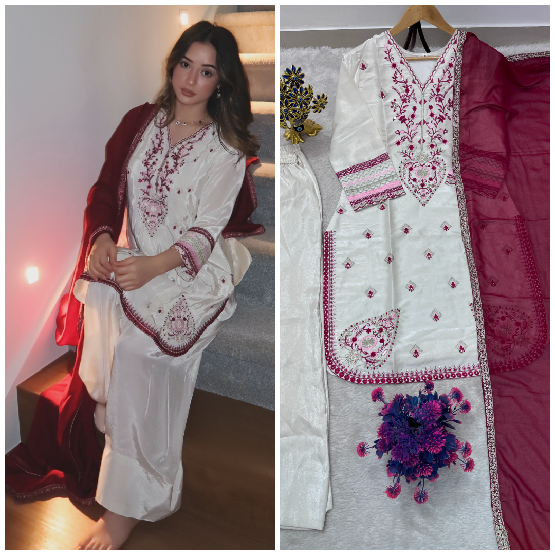 Ivory Embroidered Suit Set for Women with Wine Dupatta