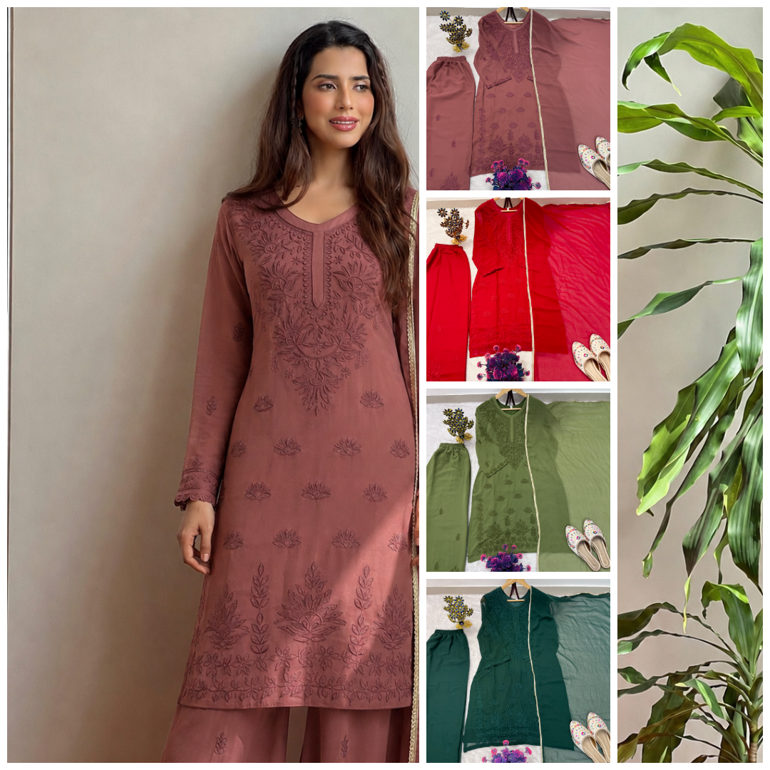 Chikankari Suit Set for Women with Palazzo & Dupatta | Embroidered 3 Piece Set