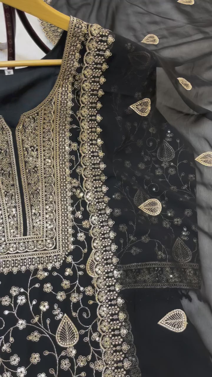 Black Embroidered Palazzo Suit Set for Women with Dupatta