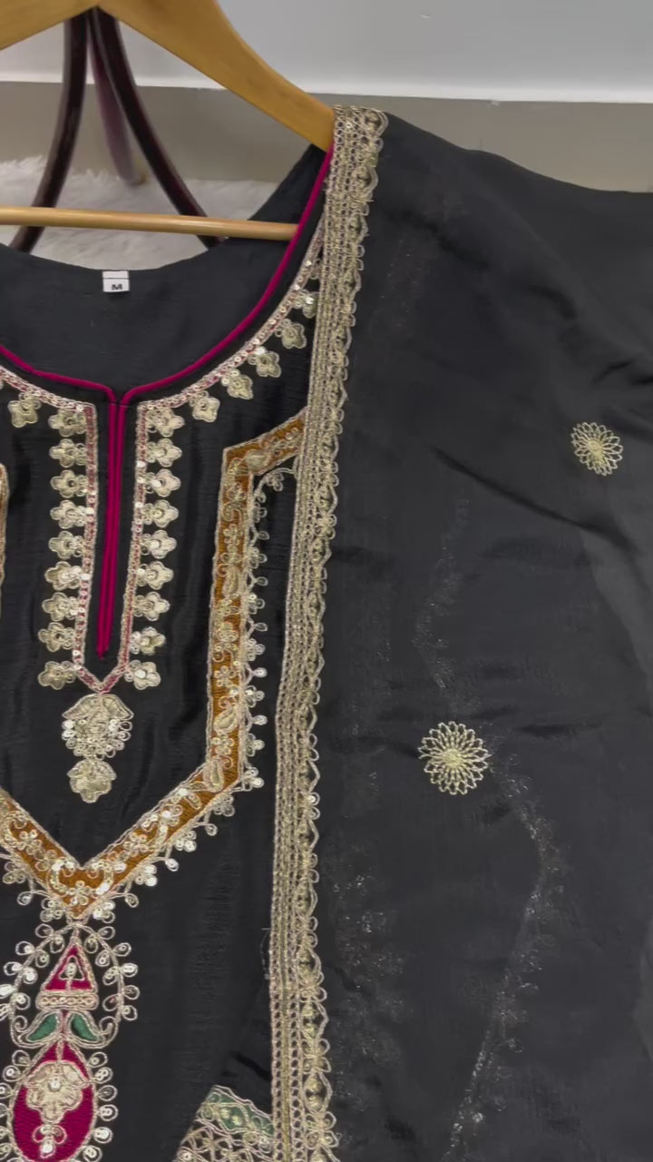Embroidered Palazzo Set for Women with Dupatta | 3 Piece Pure Chinon Silk Festive Outfit