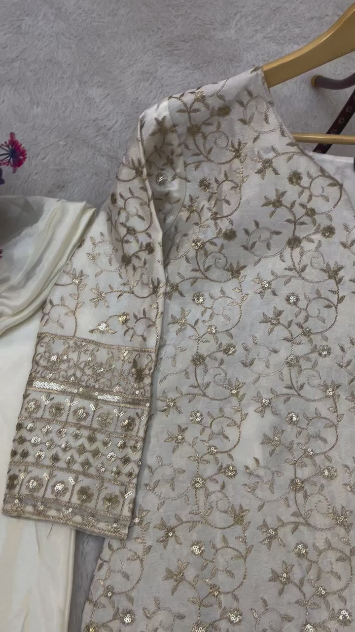 White Embroidered Silk Palazzo Suit Set for Women with Dupatta