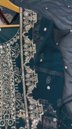 Teal Blue Embroidered Palazzo Set for Women with Dupatta