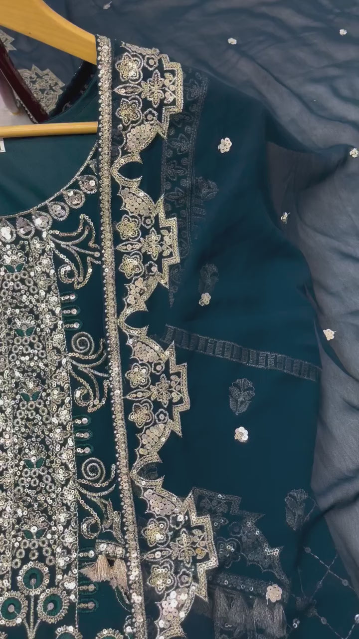 Teal Blue Embroidered Palazzo Set for Women with Dupatta