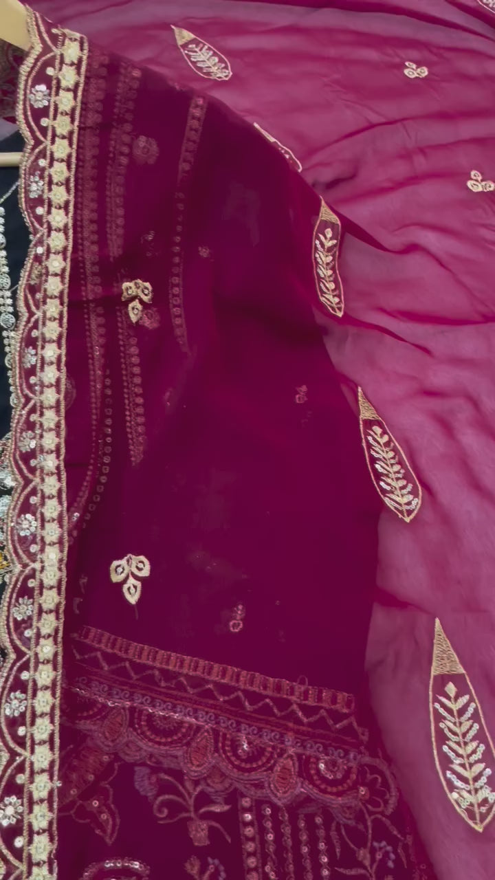 Black Embroidered Top Pant Set with Dupatta for Women