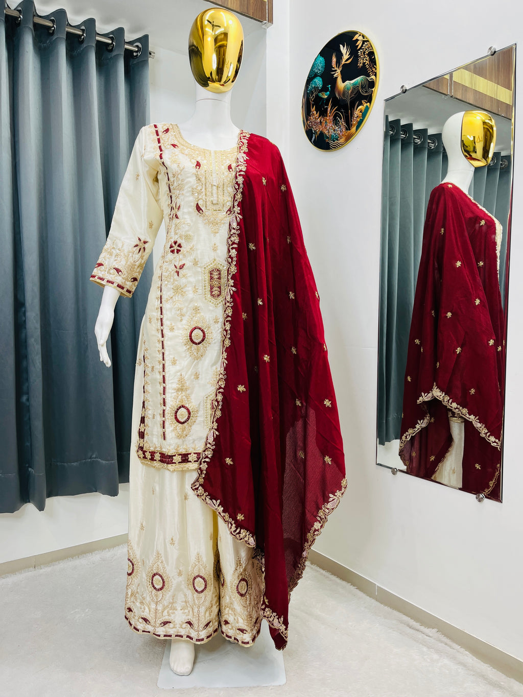 Embroidered Silk Palazzo Suit Set for Women with Dupatta
