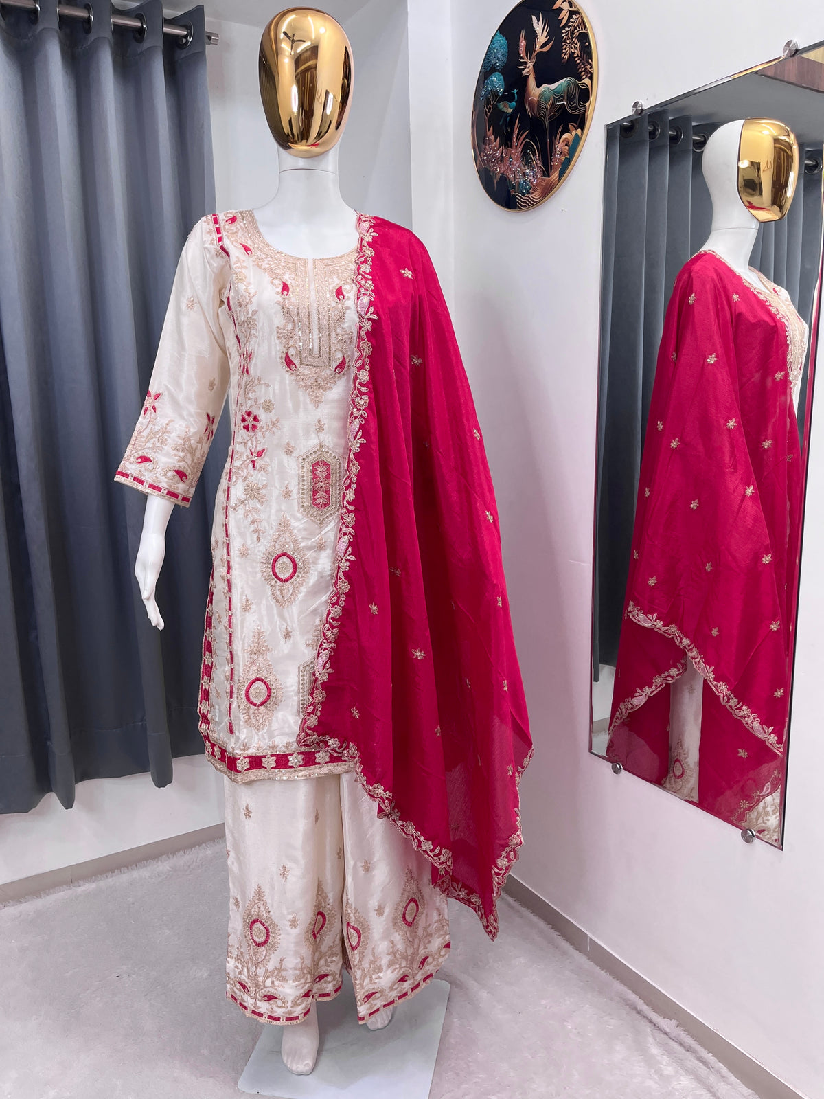 Embroidered Silk Palazzo Suit Set for Women with Dupatta