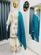 Embroidered Silk Palazzo Suit Set for Women with Dupatta
